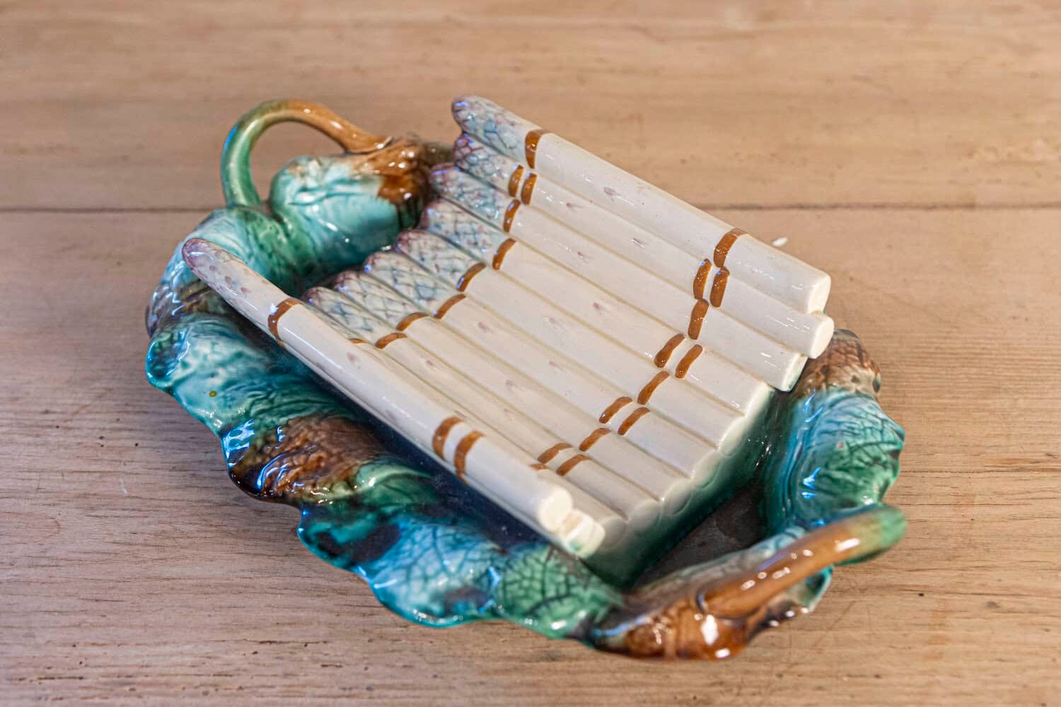 French 19th Century Longchamp Majolica Asparagus Server with Foliage Platter - JAA