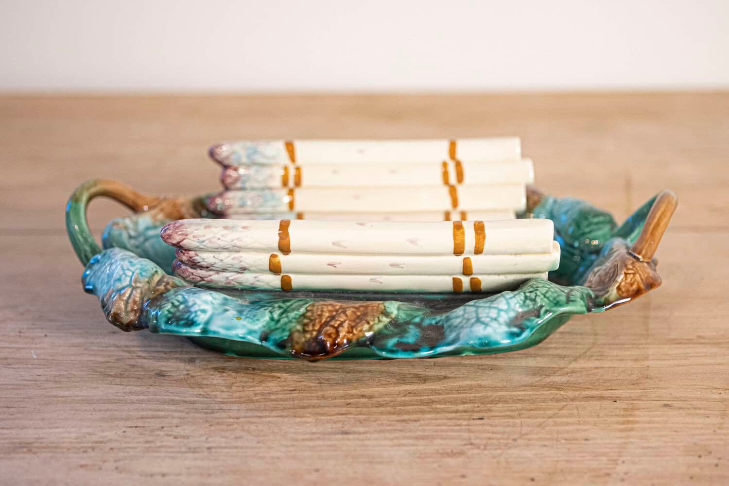 French 19th Century Longchamp Majolica Asparagus Server with Foliage Platter - JAA