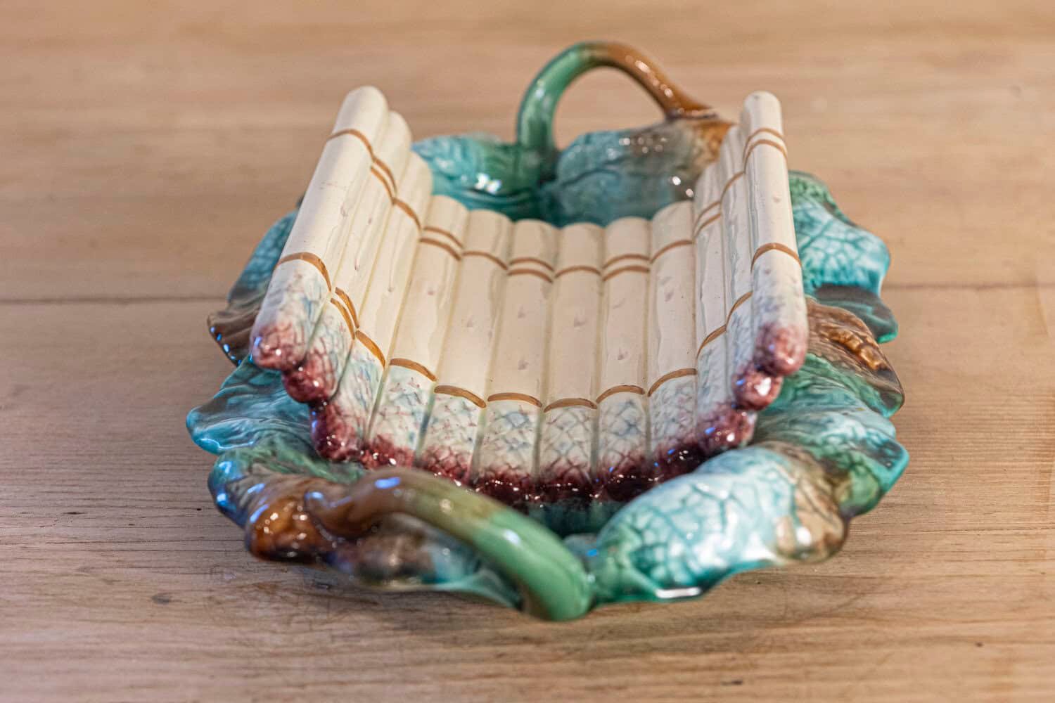 French 19th Century Longchamp Majolica Asparagus Server with Foliage Platter - JAA