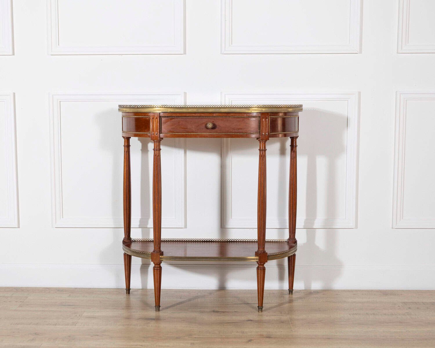 French Mahogany Console Table with Marble Top and Brass Gallery, Early 20th Century - JAA