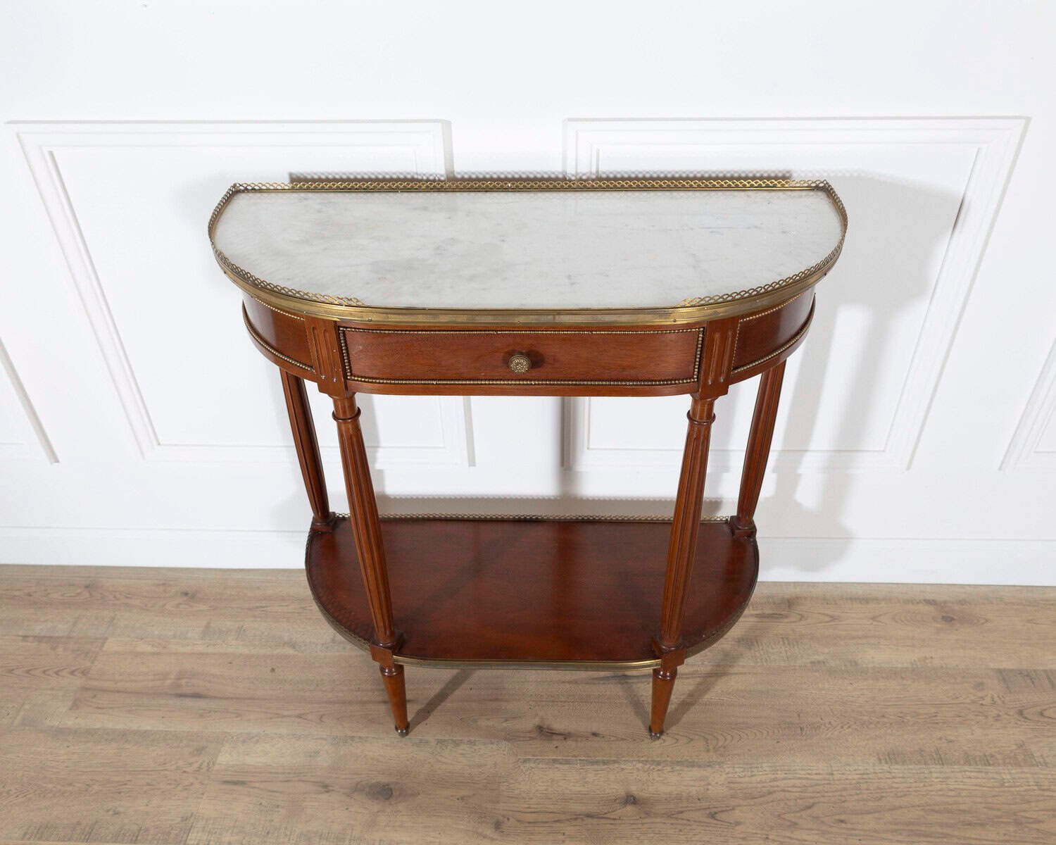 French Mahogany Console Table with Marble Top and Brass Gallery, Early 20th Century - JAA