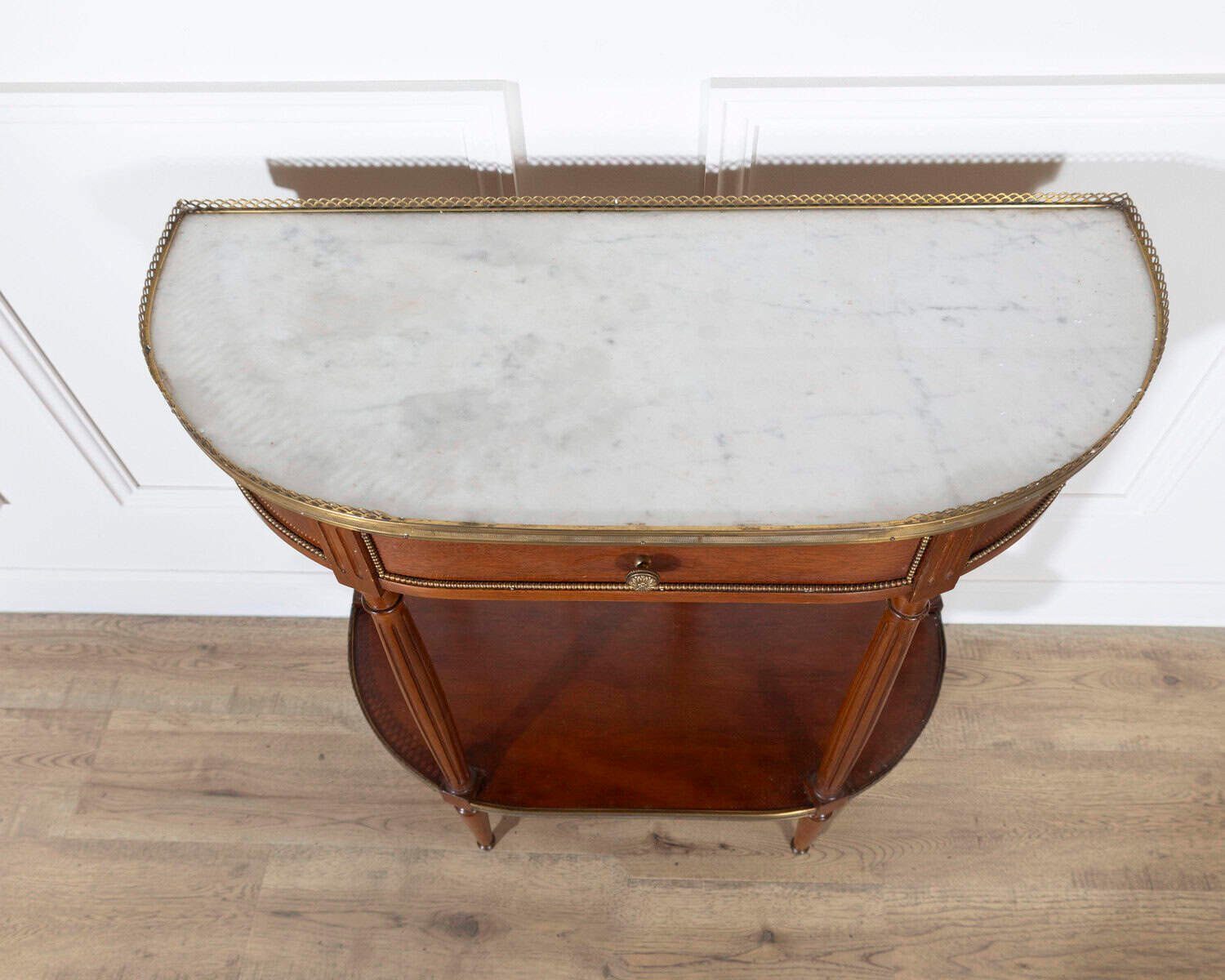 French Mahogany Console Table with Marble Top and Brass Gallery, Early 20th Century - JAA