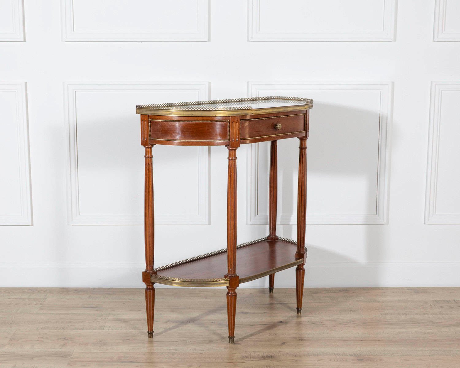 French Mahogany Console Table with Marble Top and Brass Gallery, Early 20th Century - JAA