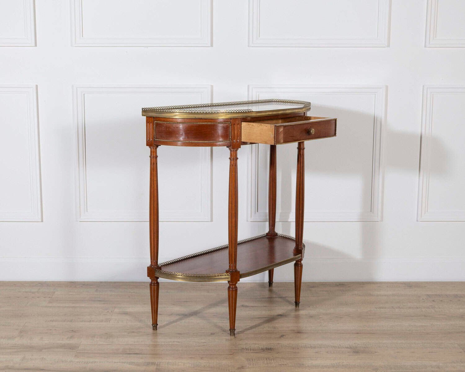 French Mahogany Console Table with Marble Top and Brass Gallery, Early 20th Century - JAA