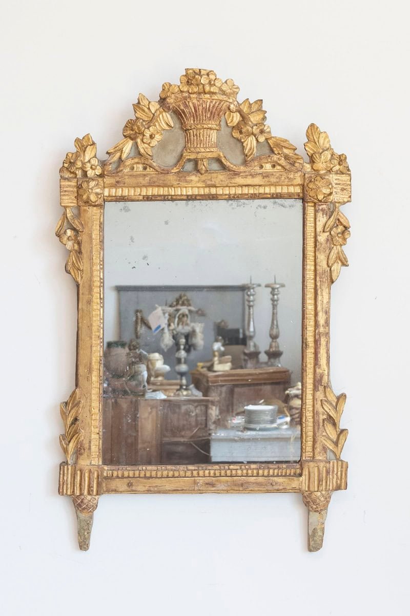 French Louis XVI 18th Century Giltwood Mirror with Carved Bouquet of Flowers - JAA