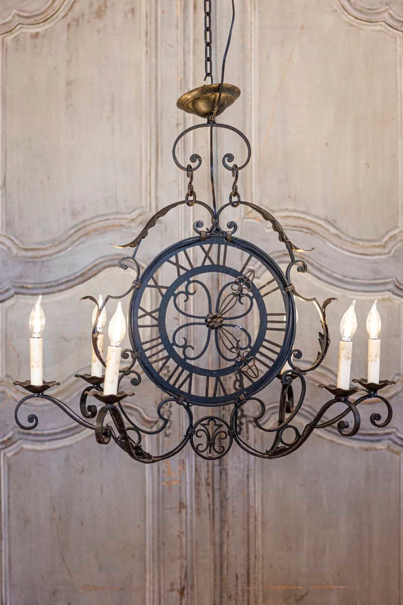 French Wrought Iron Six-Light Clock Face Chandelier with Scrolling Arms - JAA