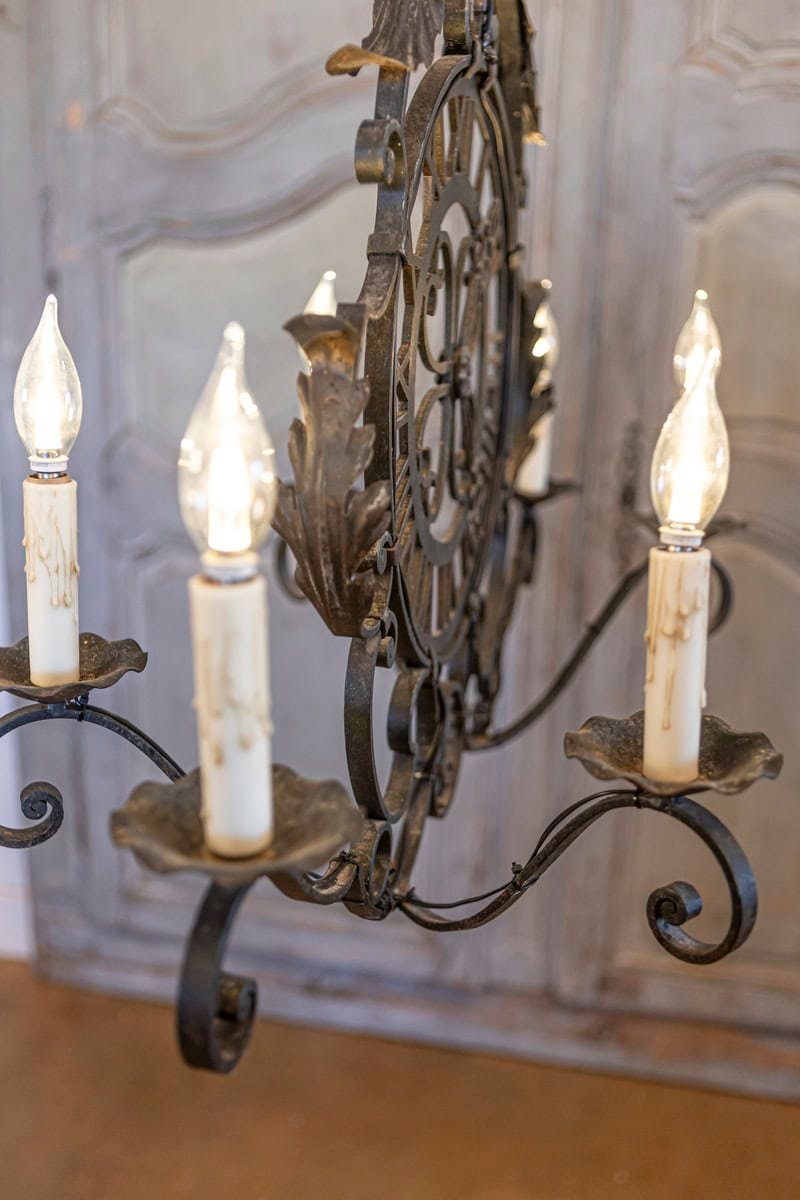 French Wrought Iron Six-Light Clock Face Chandelier with Scrolling Arms - JAA