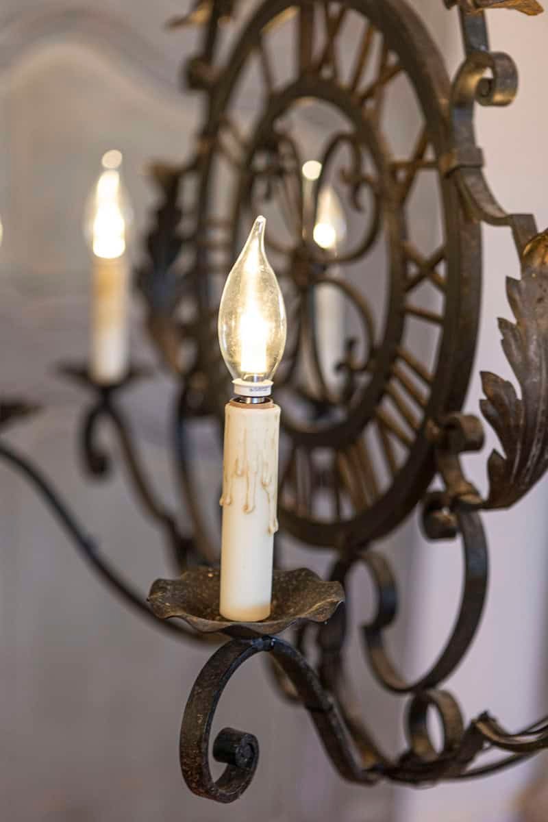 French Wrought Iron Six-Light Clock Face Chandelier with Scrolling Arms - JAA