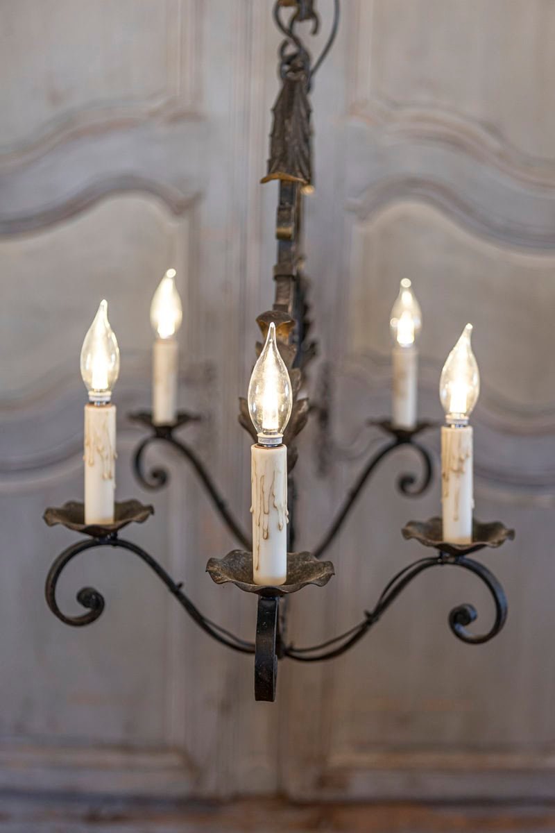 French Wrought Iron Six-Light Clock Face Chandelier with Scrolling Arms - JAA