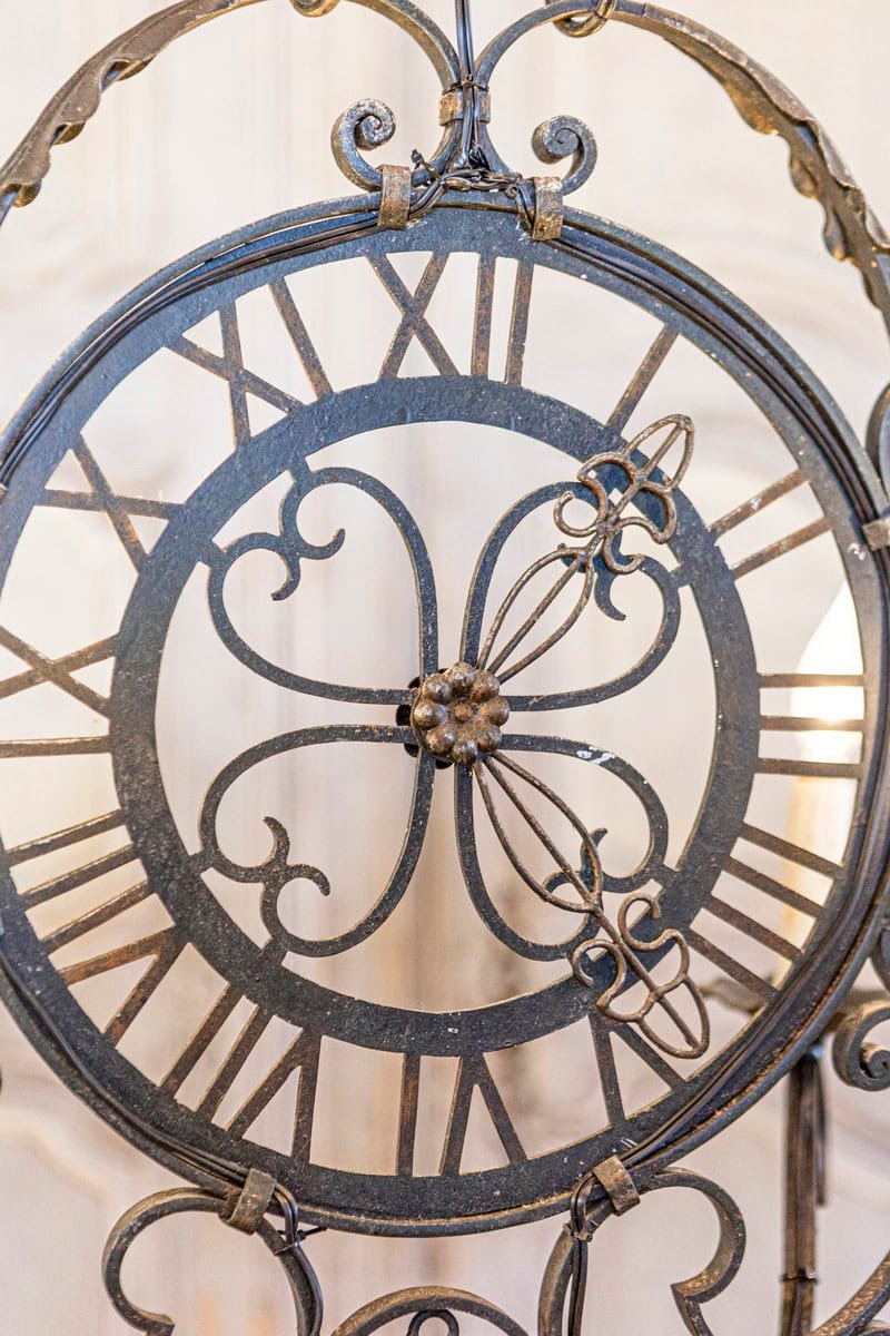 French Wrought Iron Six-Light Clock Face Chandelier with Scrolling Arms - JAA