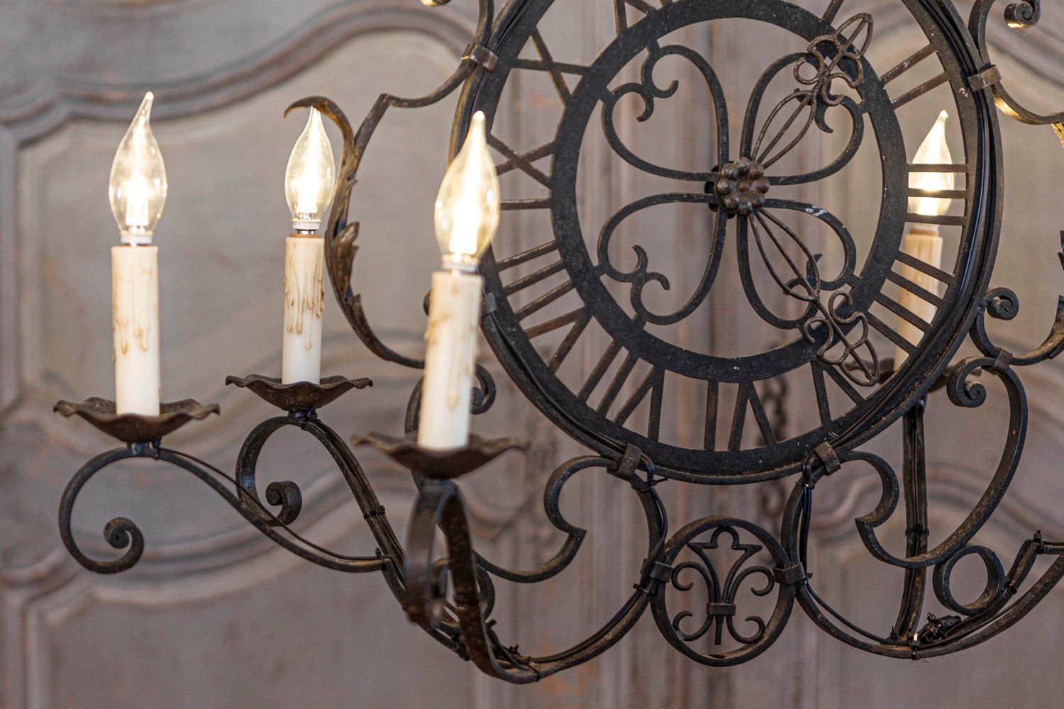 French Wrought Iron Six-Light Clock Face Chandelier with Scrolling Arms - JAA