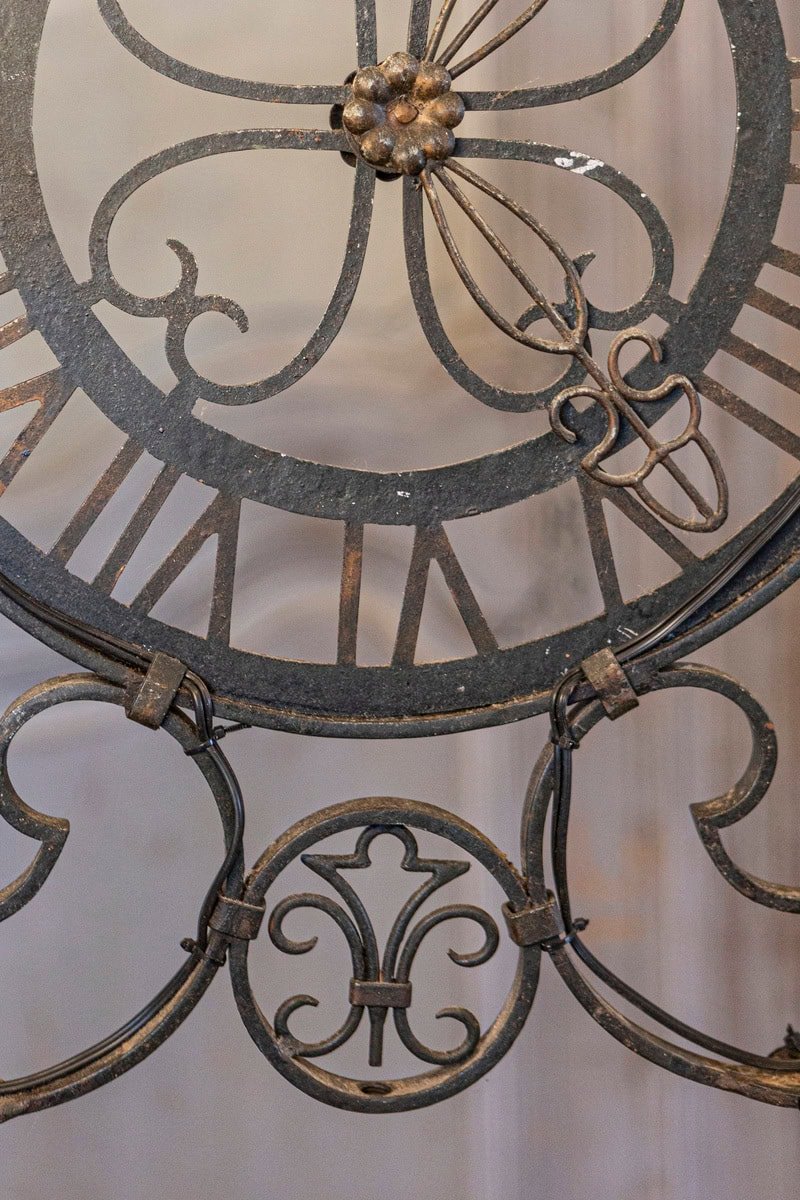 French Wrought Iron Six-Light Clock Face Chandelier with Scrolling Arms - JAA