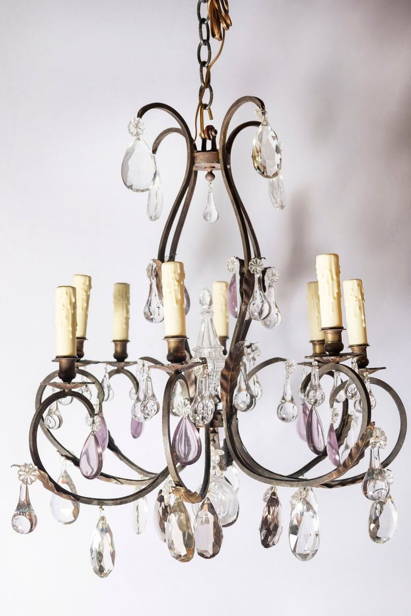 Early 20th Century Iron and Crystal Chandelier with Amethyst Drops - JAA