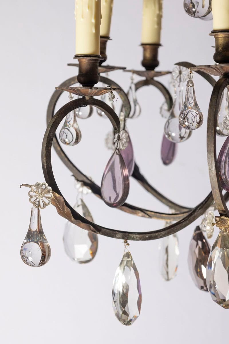 Early 20th Century Iron and Crystal Chandelier with Amethyst Drops - JAA