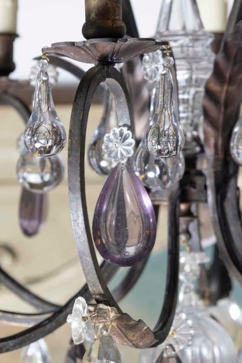 Early 20th Century Iron and Crystal Chandelier with Amethyst Drops - JAA
