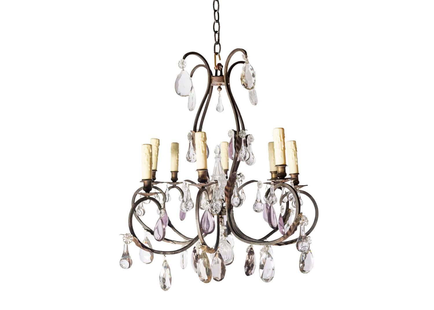 Early 20th Century Iron and Crystal Chandelier with Amethyst Drops