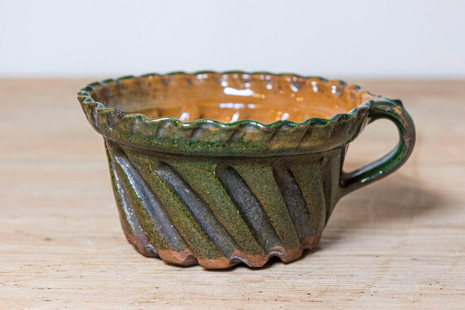French 19th Century Green and Brown Glazed Pottery Cake Mold with Grooves - JAA