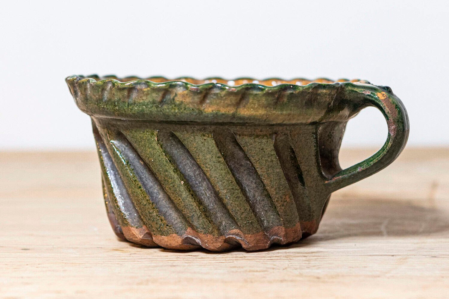 French 19th Century Green and Brown Glazed Pottery Cake Mold with Grooves - JAA