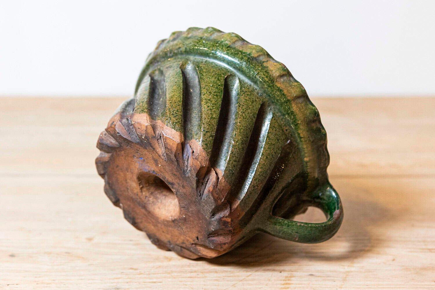 French 19th Century Green and Brown Glazed Pottery Cake Mold with Grooves - JAA