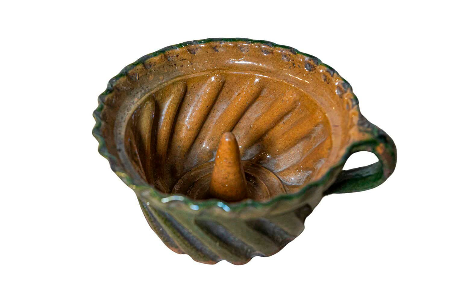 French 19th Century Green and Brown Glazed Pottery Cake Mold with Grooves
