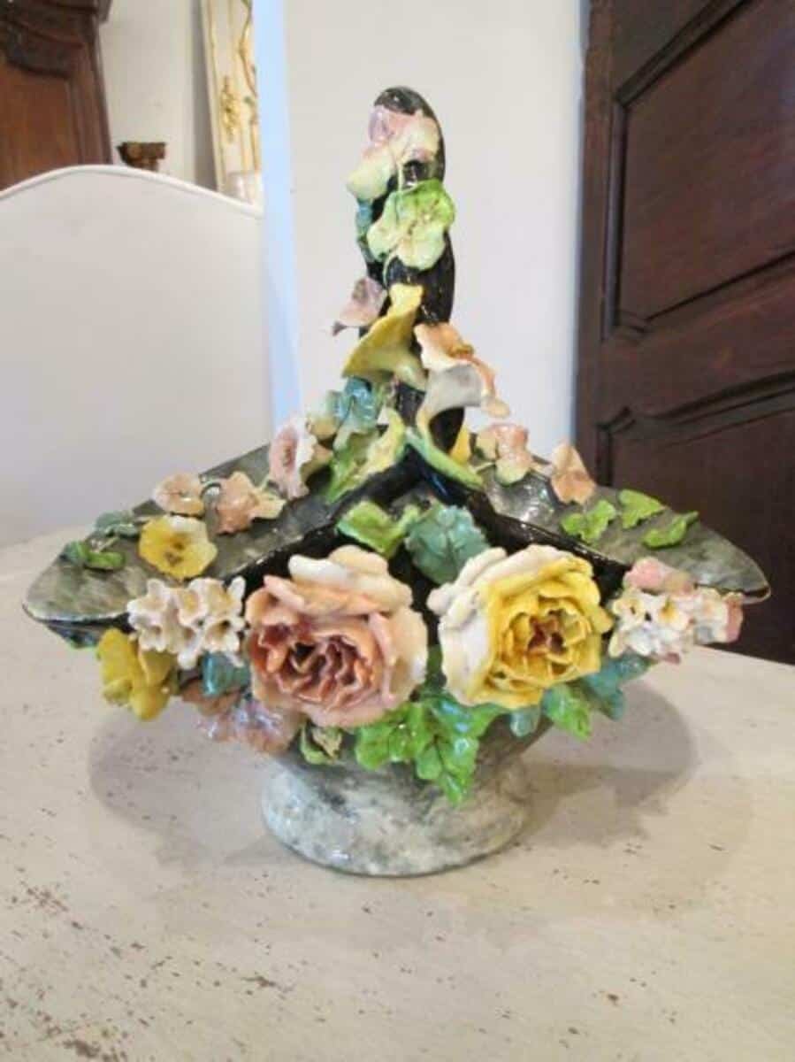 French 1880s Longchamp Porcelain Basket with Applied Flowers - JAA