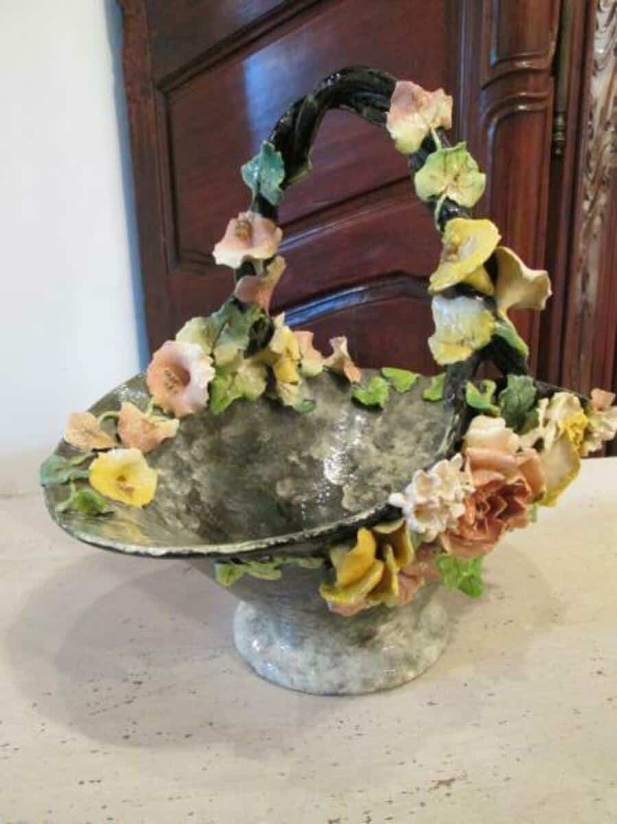 French 1880s Longchamp Porcelain Basket with Applied Flowers - JAA