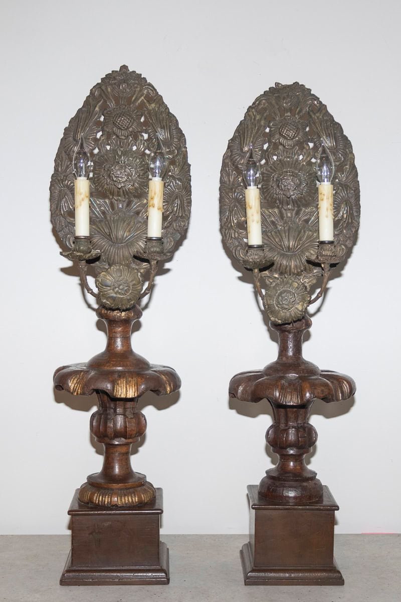 Pair of 19th-Century Italian Carved Wood and Gilt Candlesticks with Floral Motif - JAA