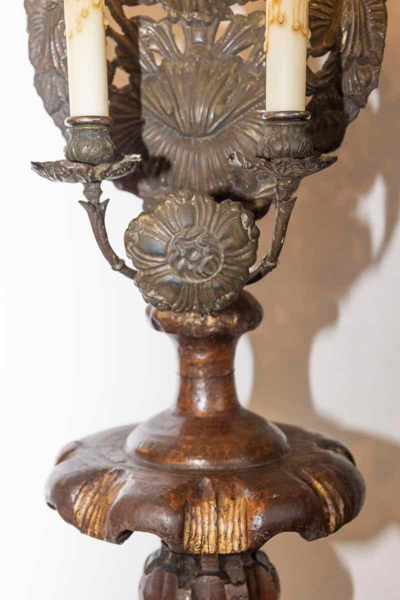 Pair of 19th-Century Italian Carved Wood and Gilt Candlesticks with Floral Motif - JAA