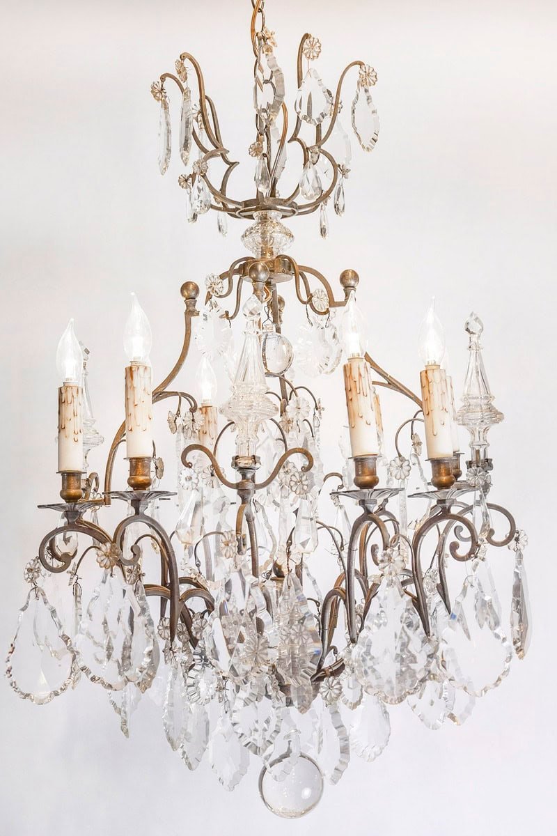 French 1890s Eight-Light Crystal Chandelier with Bronze Armature and Obelisks - JAA