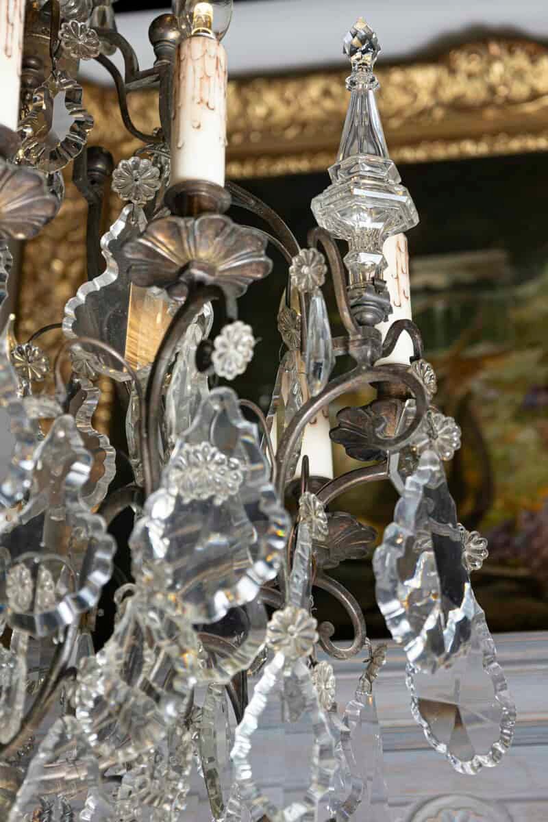French 1890s Eight-Light Crystal Chandelier with Bronze Armature and Obelisks - JAA