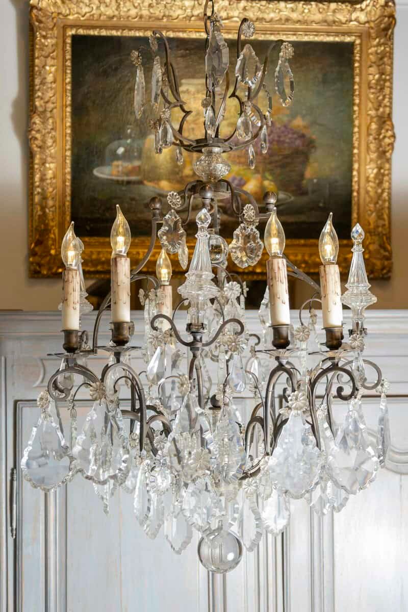French 1890s Eight-Light Crystal Chandelier with Bronze Armature and Obelisks - JAA