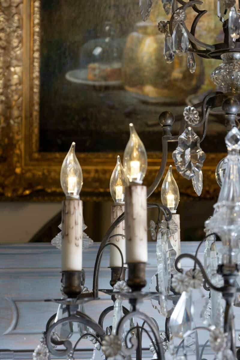 French 1890s Eight-Light Crystal Chandelier with Bronze Armature and Obelisks - JAA