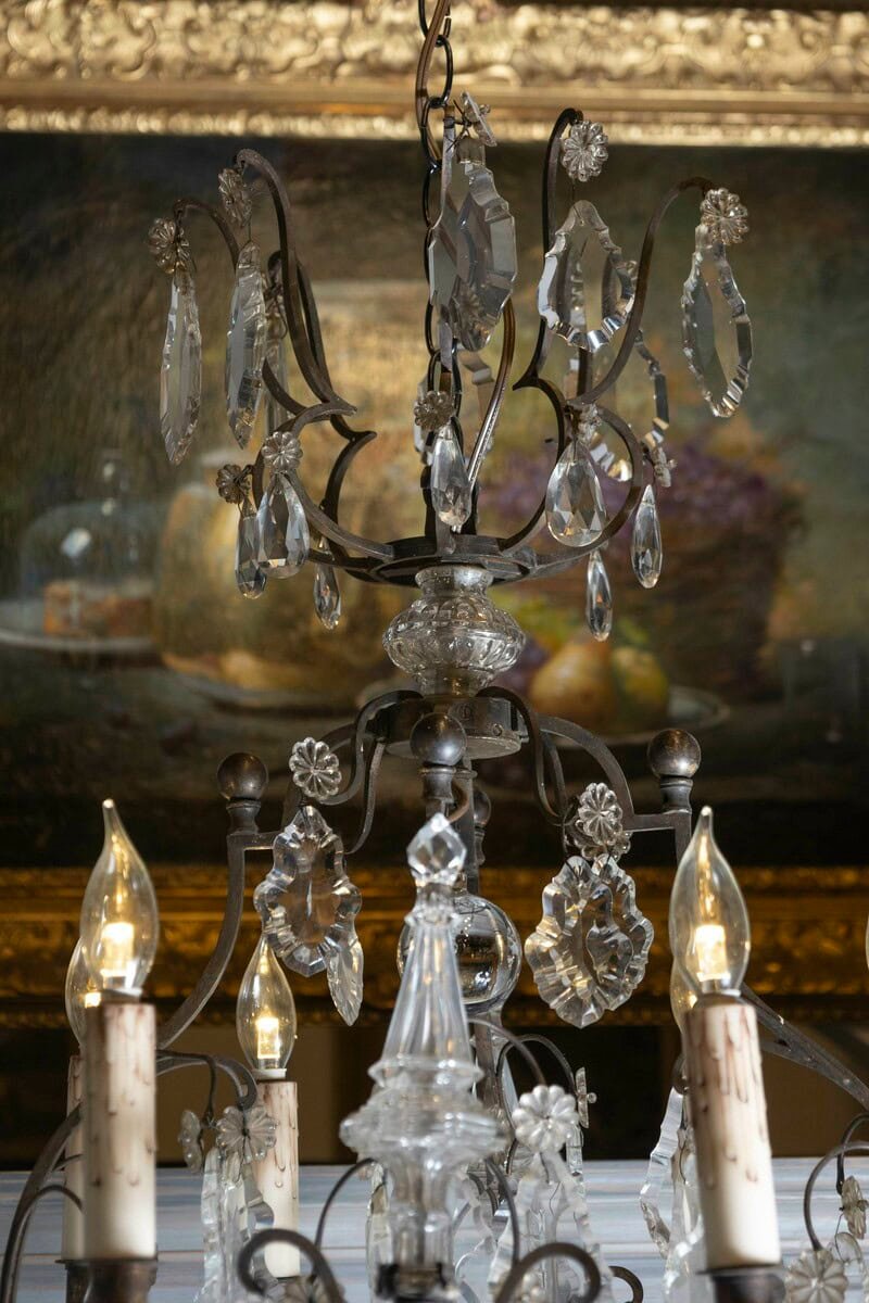 French 1890s Eight-Light Crystal Chandelier with Bronze Armature and Obelisks - JAA