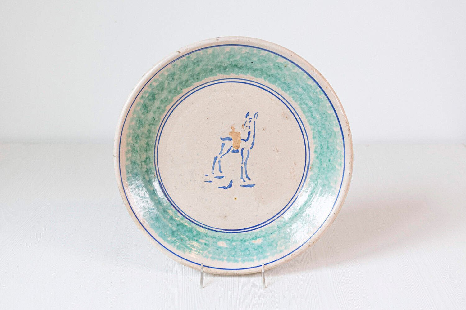 Northern Italian 1910s Pottery Platter with Blue Deer Motif and Weathered Patina - JAA