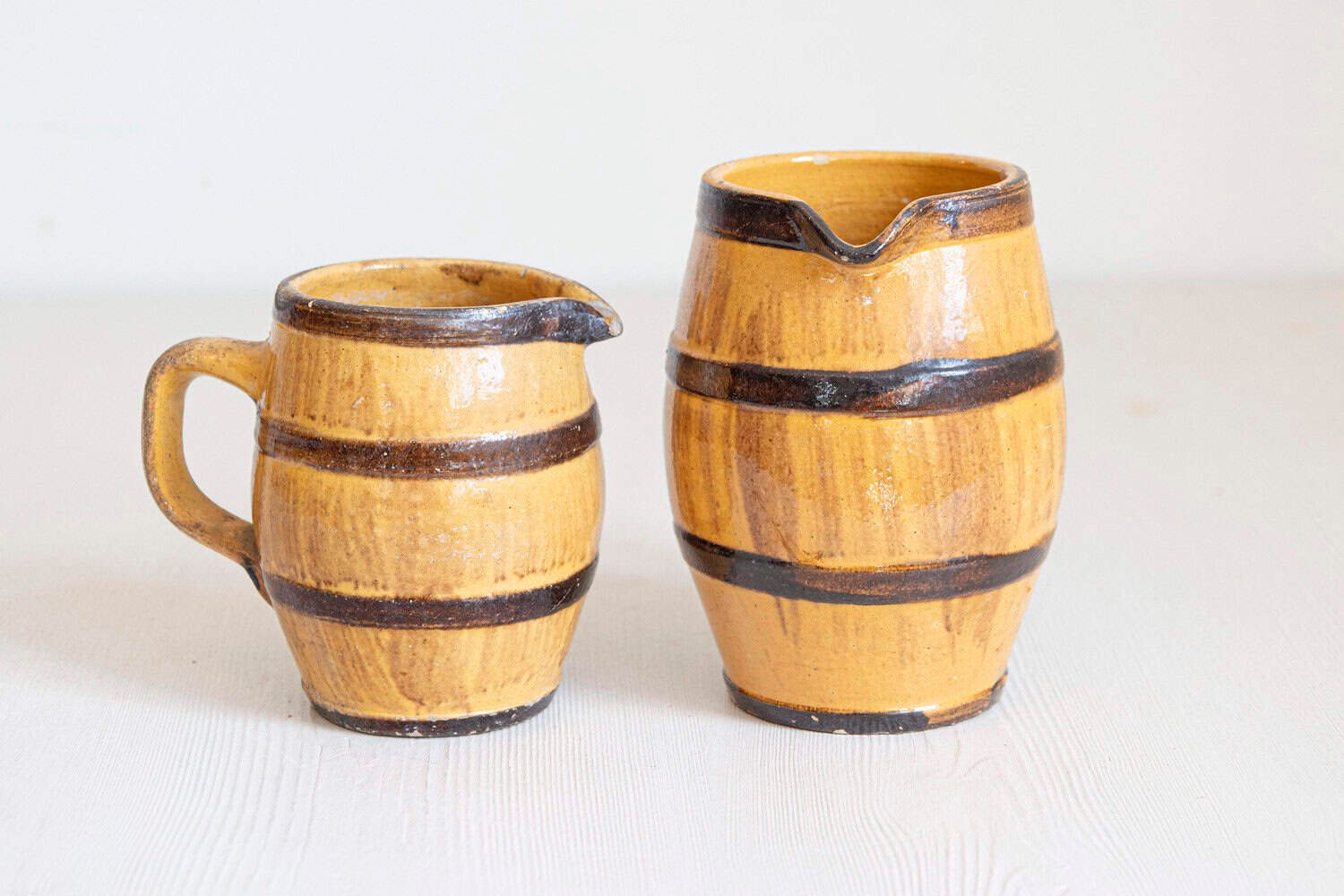 French 19th Century Rustic Pottery Pitchers with Yellow and Brown Glaze - JAA