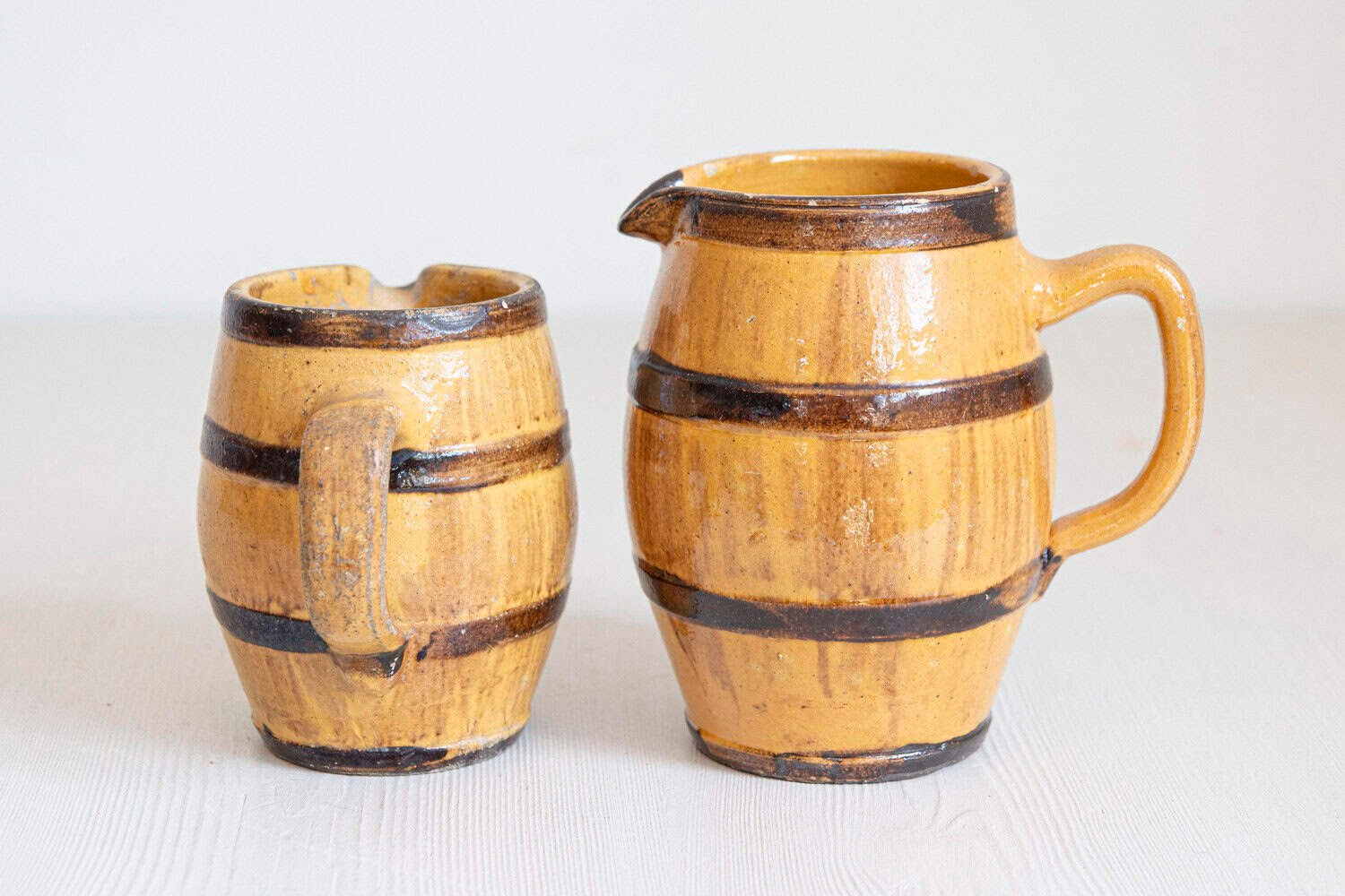 French 19th Century Rustic Pottery Pitchers with Yellow and Brown Glaze - JAA