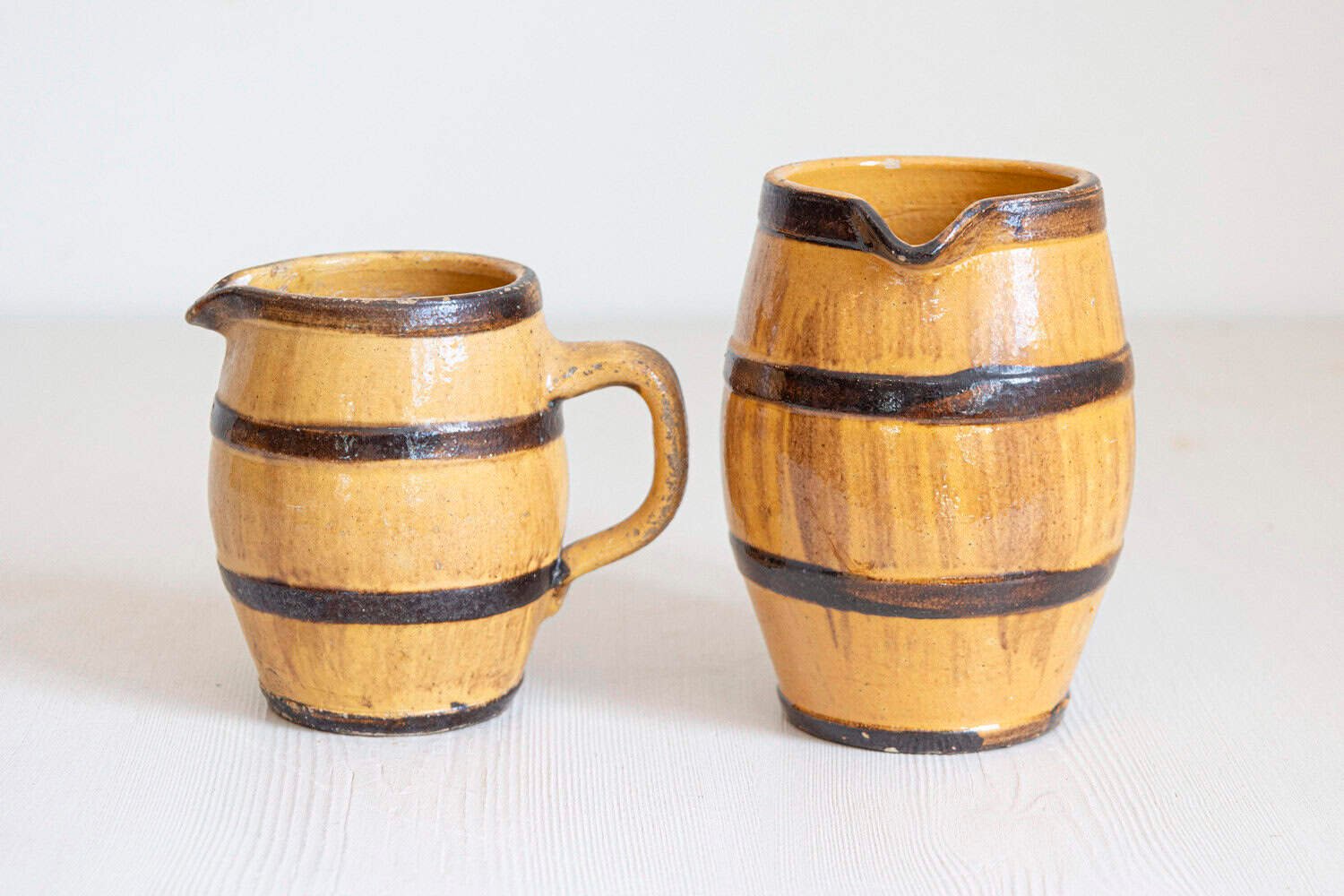 French 19th Century Rustic Pottery Pitchers with Yellow and Brown Glaze - JAA