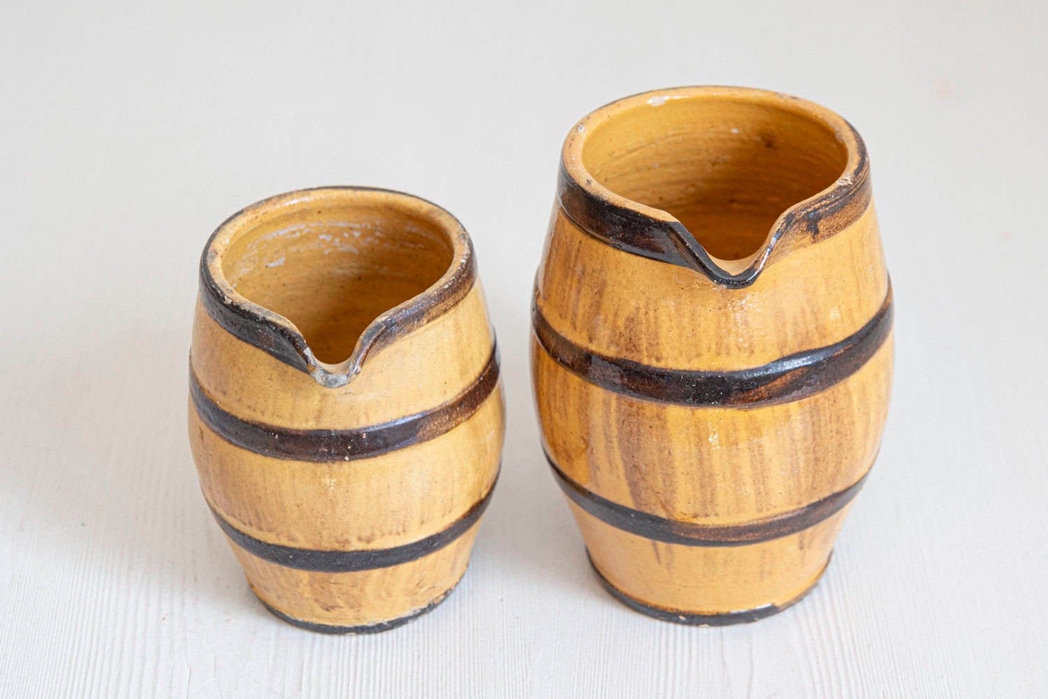 French 19th Century Rustic Pottery Pitchers with Yellow and Brown Glaze - JAA