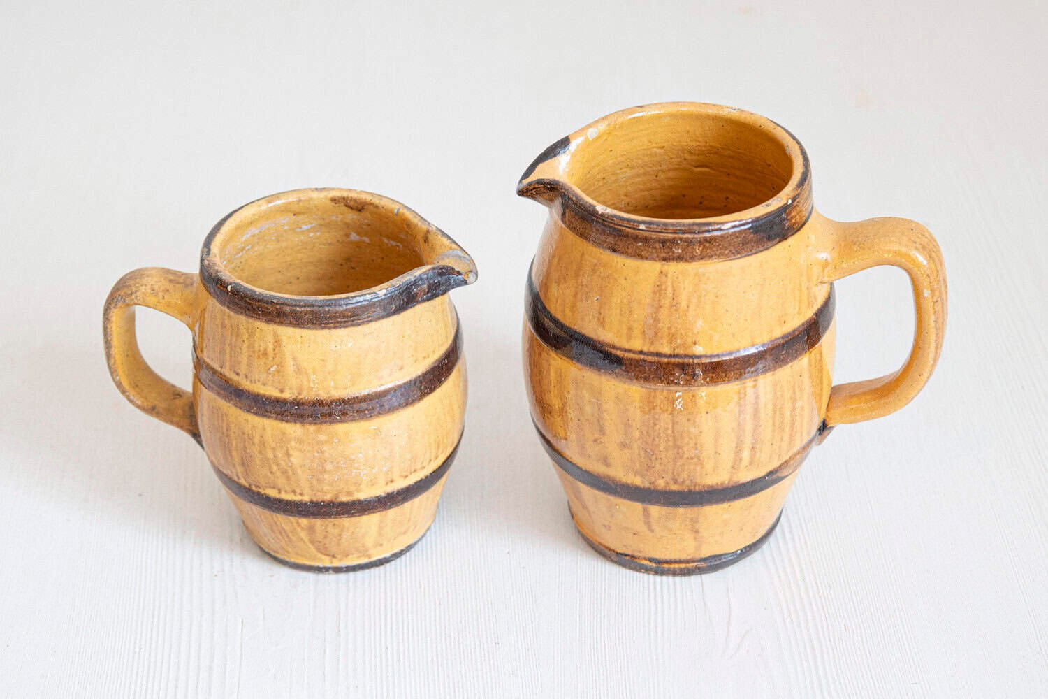 French 19th Century Rustic Pottery Pitchers with Yellow and Brown Glaze - JAA