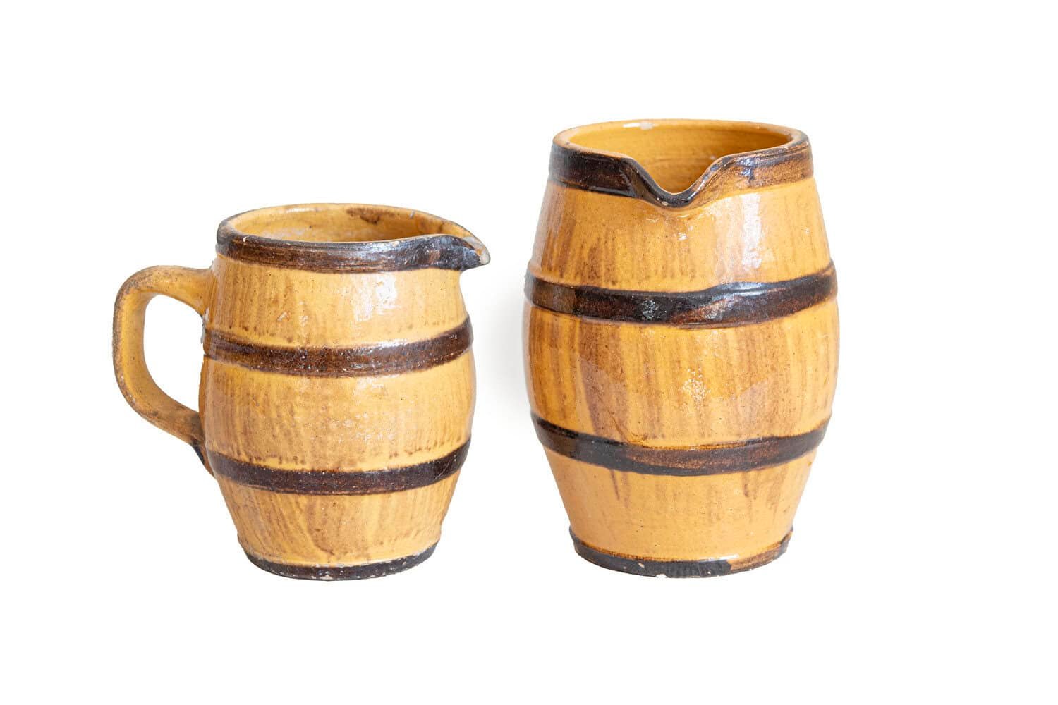 French 19th Century Rustic Pottery Pitchers with Yellow and Brown Glaze