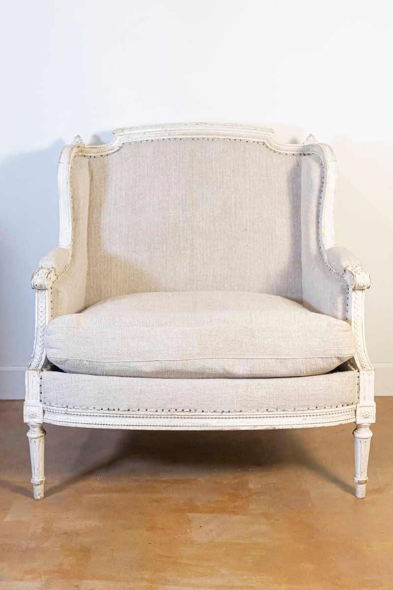 French Louis XVI Style Carved and Painted Wood Marquise Wingback Armchair - JAA