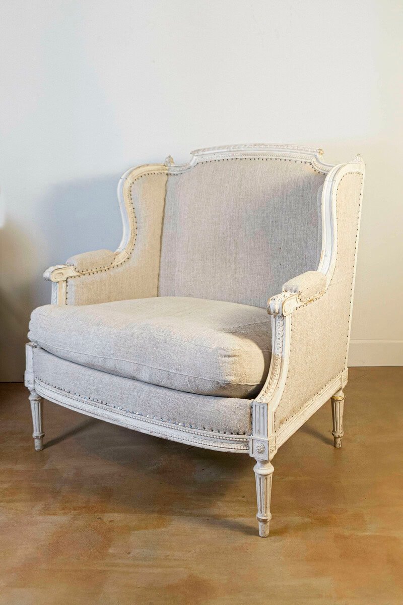 French Louis XVI Style Carved and Painted Wood Marquise Wingback Armchair - JAA
