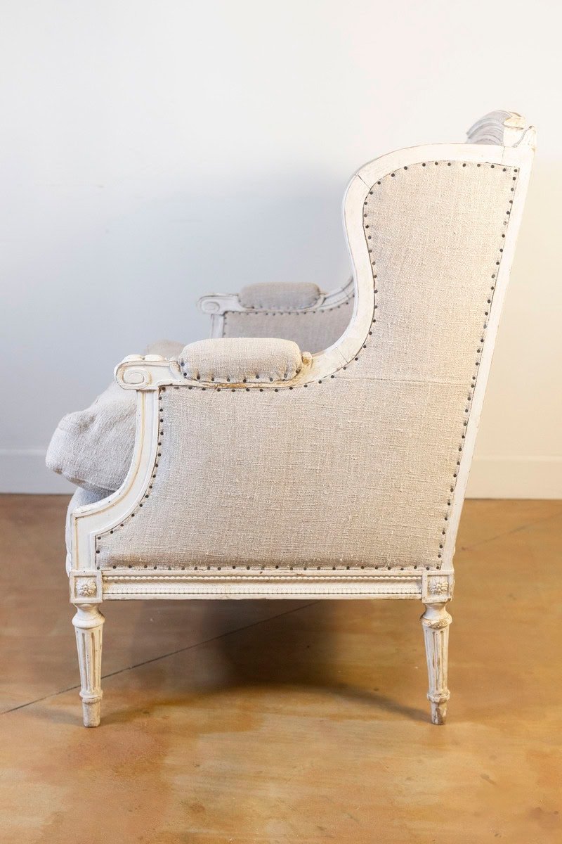 French Louis XVI Style Carved and Painted Wood Marquise Wingback Armchair - JAA