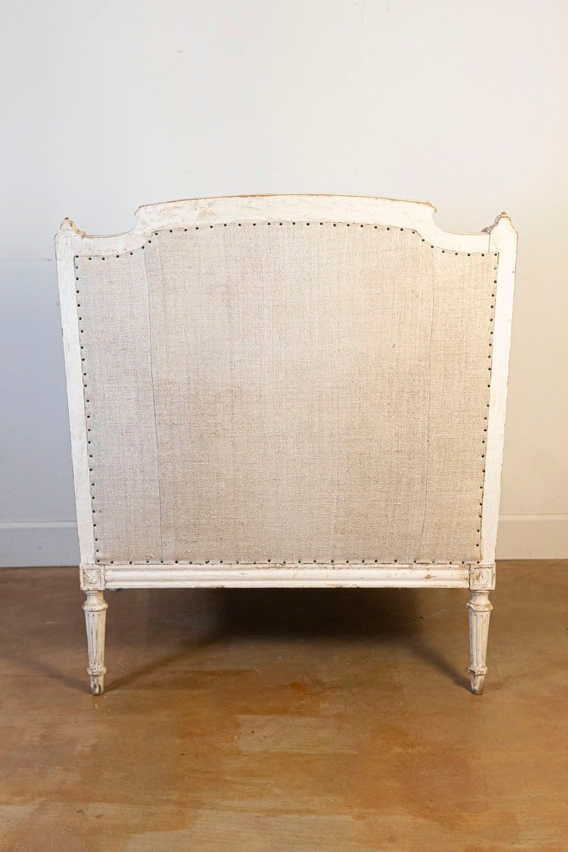 French Louis XVI Style Carved and Painted Wood Marquise Wingback Armchair - JAA