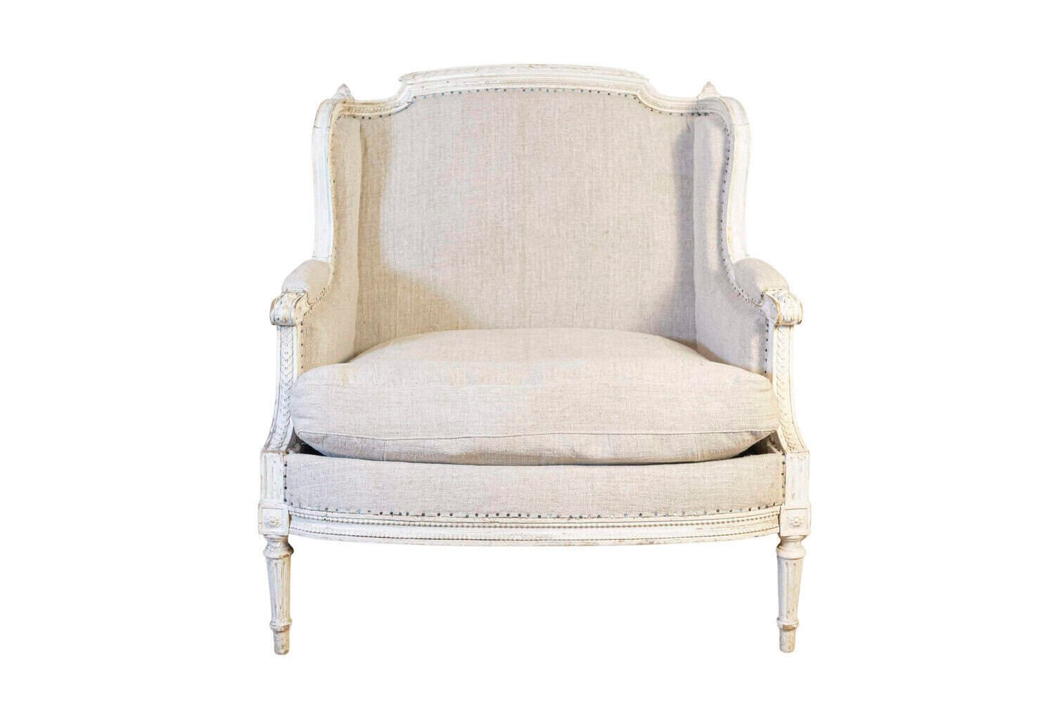 French Louis XVI Style Carved and Painted Wood Marquise Wingback Armchair