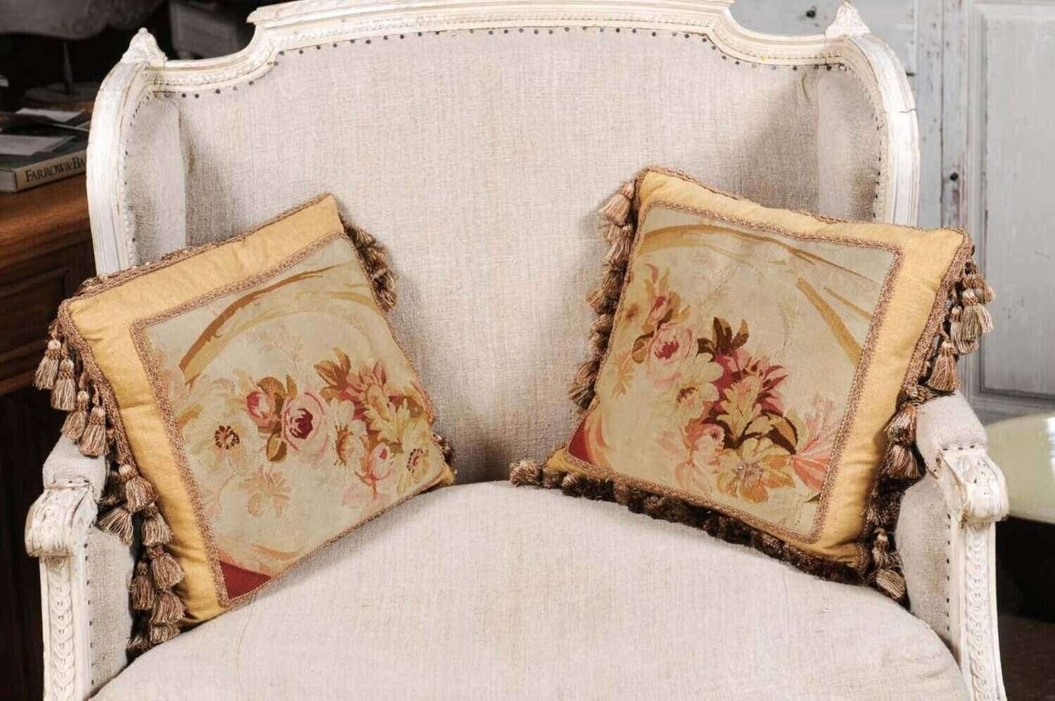 Pair of French 19th Century Aubusson Tapestry Pillows with Roses and Tassels - JAA