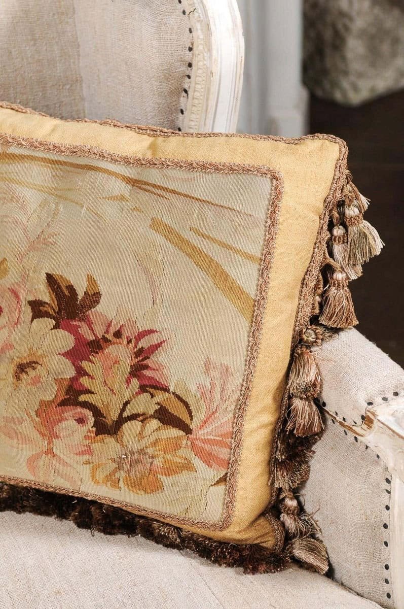 Pair of French 19th Century Aubusson Tapestry Pillows with Roses and Tassels - JAA