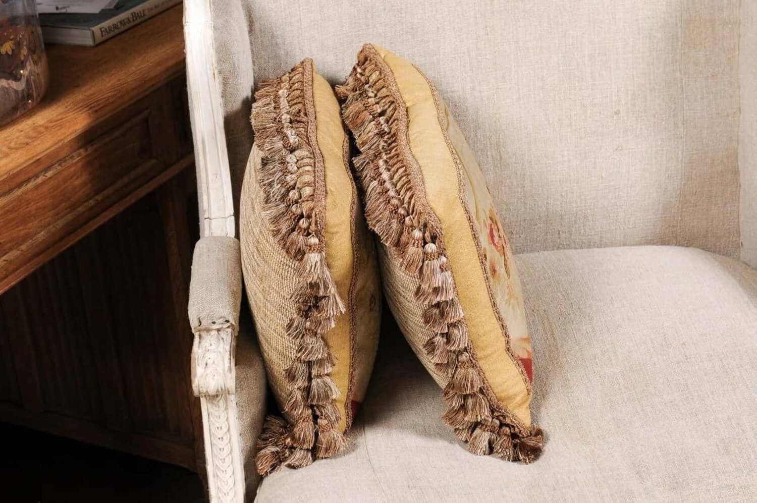 Pair of French 19th Century Aubusson Tapestry Pillows with Roses and Tassels - JAA