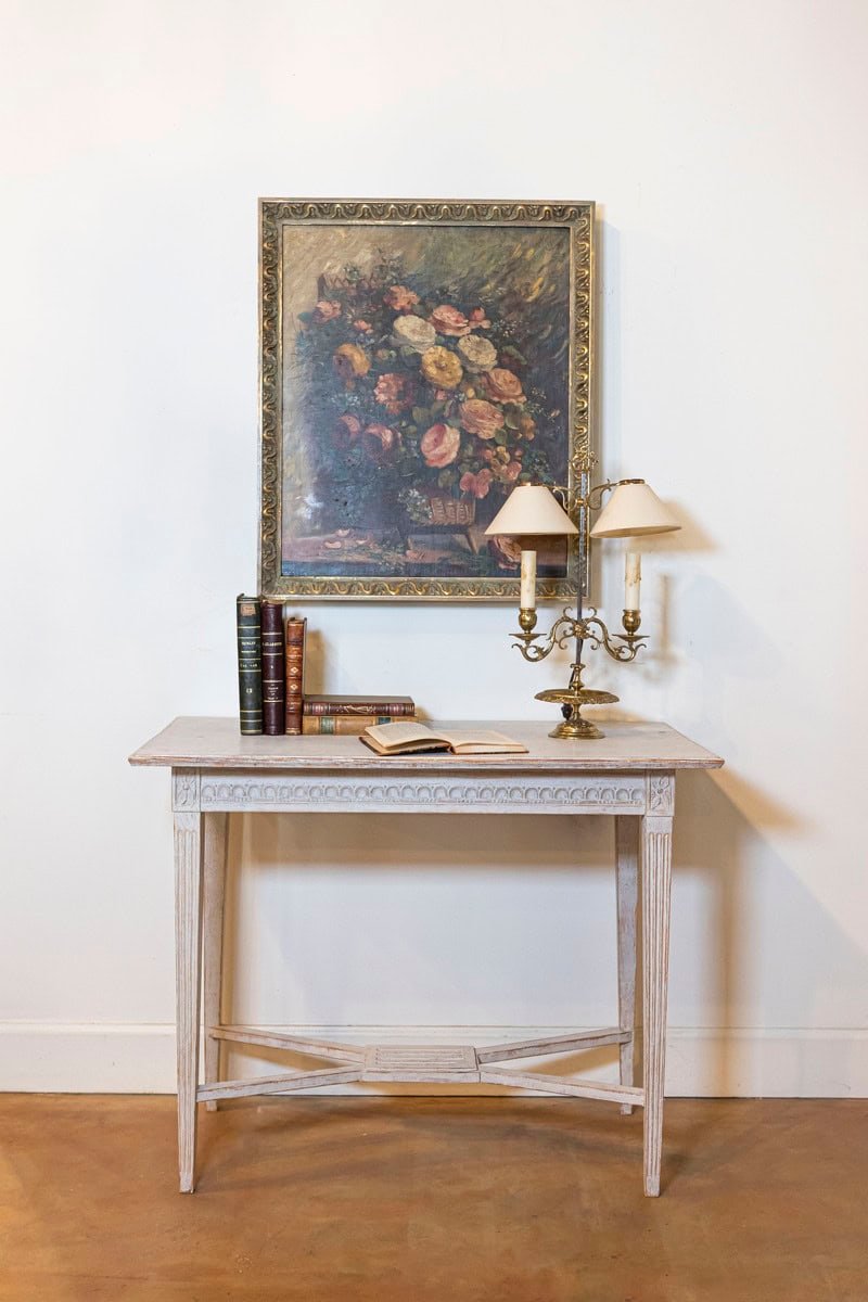 Swedish Gustavian Style 1900s Painted Wood Console Table with Carved Apron - JAA