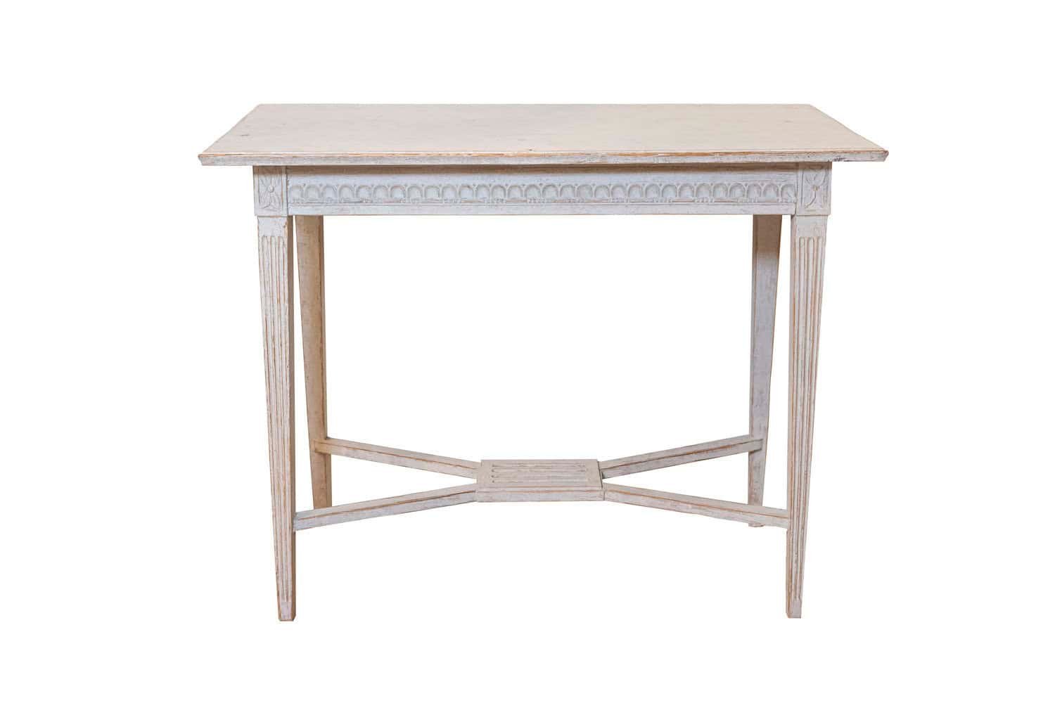 Swedish Gustavian Style 1900s Painted Wood Console Table with Carved Apron